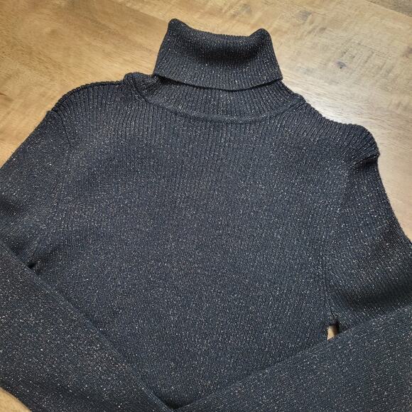 Express Turtleneck Sweater Womens Medium Black Metallic Ribbed Knit - Picture 7 of 7